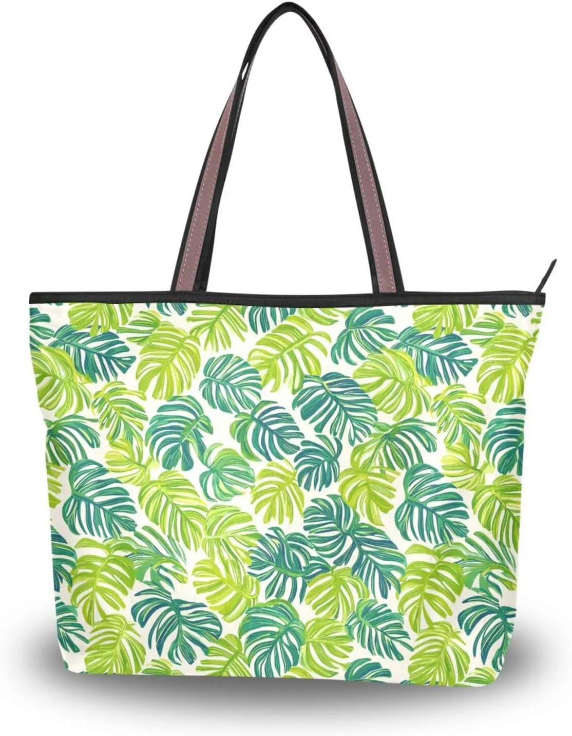 KLL silk fabric zippered tote for women summer chick handbags casual shoulder work for Prom Engagement Cocktail Party Wedding Green Monstera Deliciosa size 15.7x11.4 in