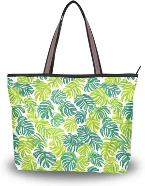 KLL silk fabric zippered tote for women summer chick handbags casual shoulder work for Prom Engagement Cocktail Party Wedding Green Monstera Deliciosa size 15.7x11.4 in