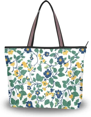 KLL silk fabric zippered tote with zipper stylish tote handbags for women for Everyday & Travel Vintage Floral Motifs Green Leaves size 15.7x11.4 in