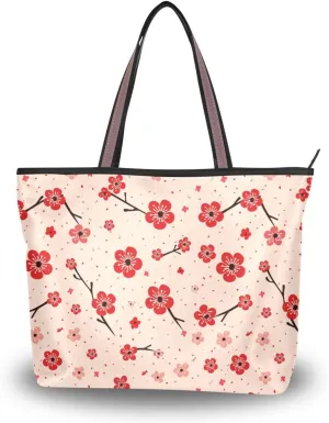KLL silk fabric zippered tote with zipper summer chick summer handbags for women for Everyday & Travel Red Cherry Blossom size 15.7x11.4 in