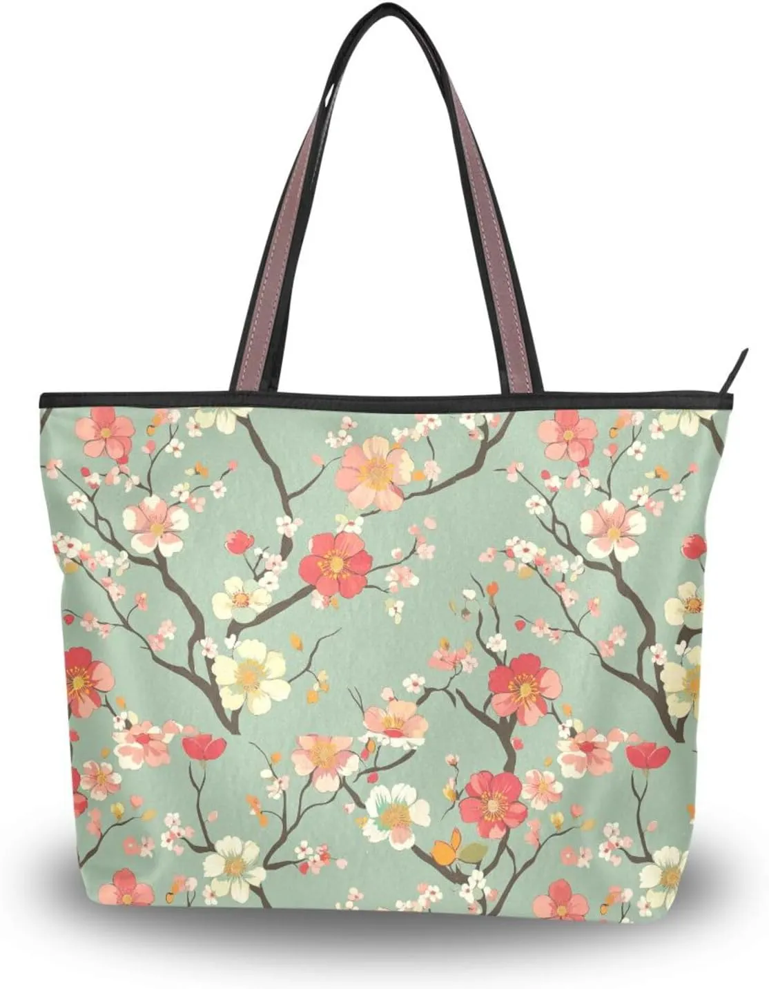 KLL silk fabric zippered travel tote bags summer chick handbags casual shoulder work for Prom Engagement Cocktail Party Wedding White and Red Cherry Blossom size 15.7x11.4 in