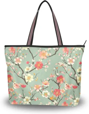 KLL silk fabric zippered travel tote bags summer chick handbags casual shoulder work for Prom Engagement Cocktail Party Wedding White and Red Cherry Blossom size 15.7x11.4 in