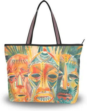 KLL silk fabric zippered work tote bag summer chick fashion purses and handbags for Prom Engagement Cocktail Party Wedding Mexico Cinco De Mayo Doodle Colorful Masks size 15.7x11.4 in