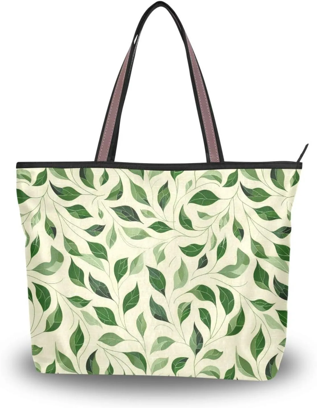 KLL silk fabric zippered work tote bags summer chick satchel handbags for women for shopping Fresh Green Leaves size 15.7x11.4 in