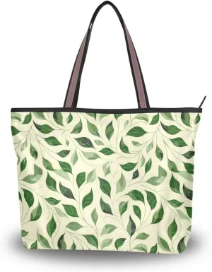 KLL silk fabric zippered work tote bags summer chick satchel handbags for women for shopping Fresh Green Leaves size 15.7x11.4 in