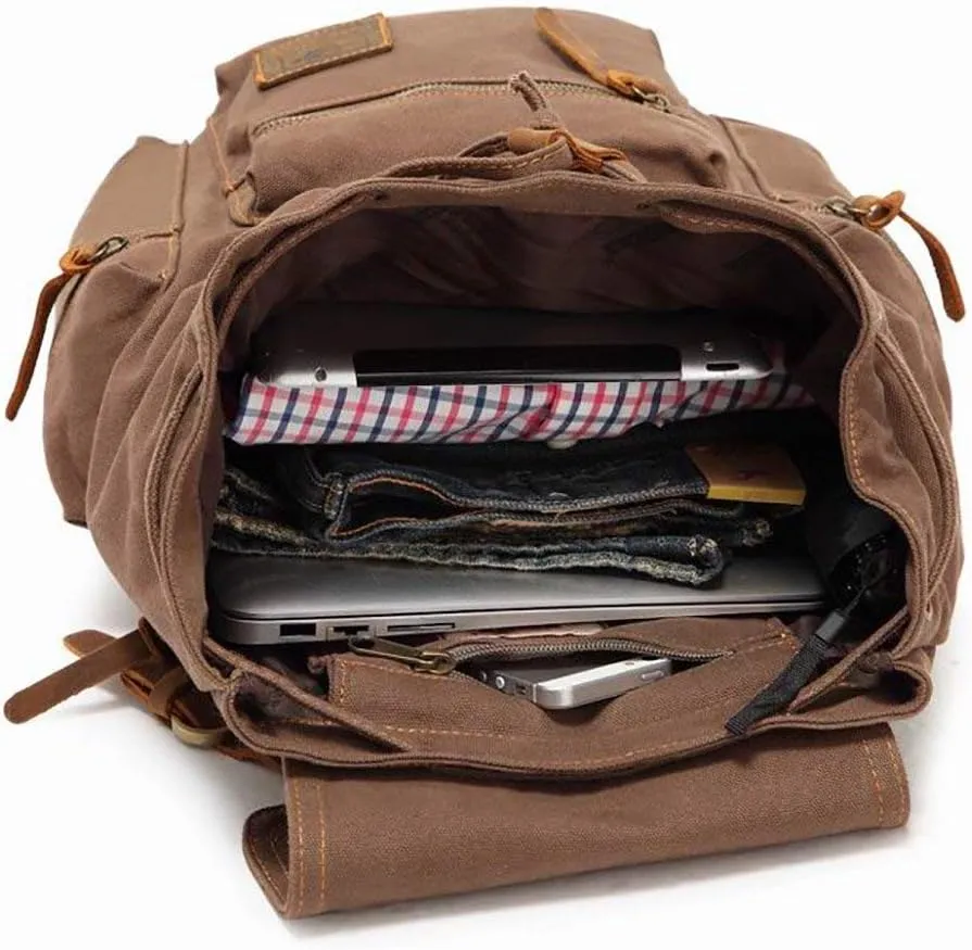 koolehaoda Vintage Canvas Backpack Rucksack Unisex Casual Backpack for 12-17" Laptop Backpack Travel Camping Hiking Bag (L-Coffee)