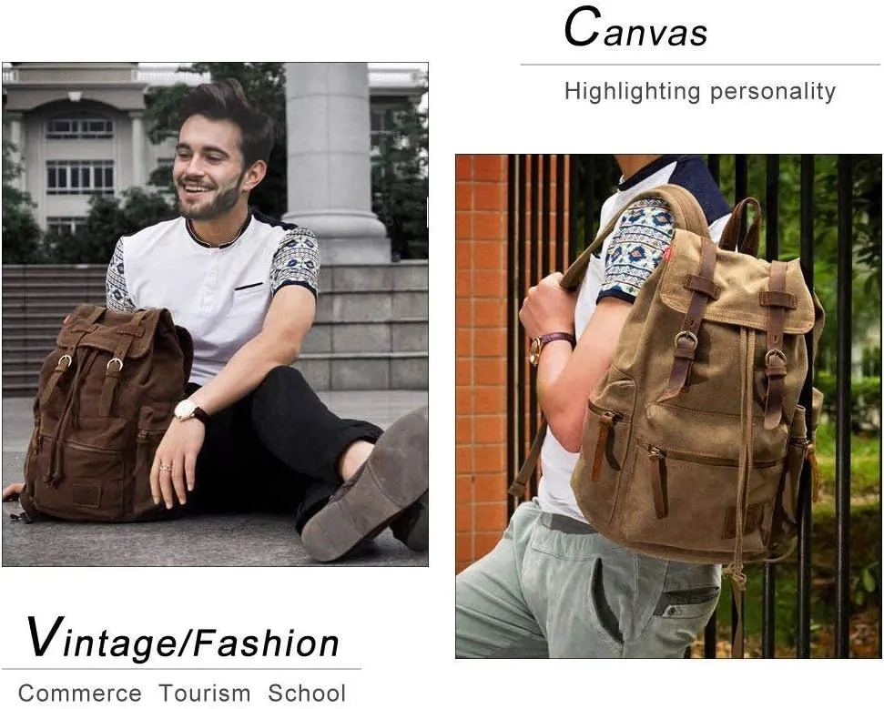 koolehaoda Vintage Canvas Backpack Rucksack Unisex Casual Backpack for 12-17" Laptop Backpack Travel Camping Hiking Bag (L-Coffee)
