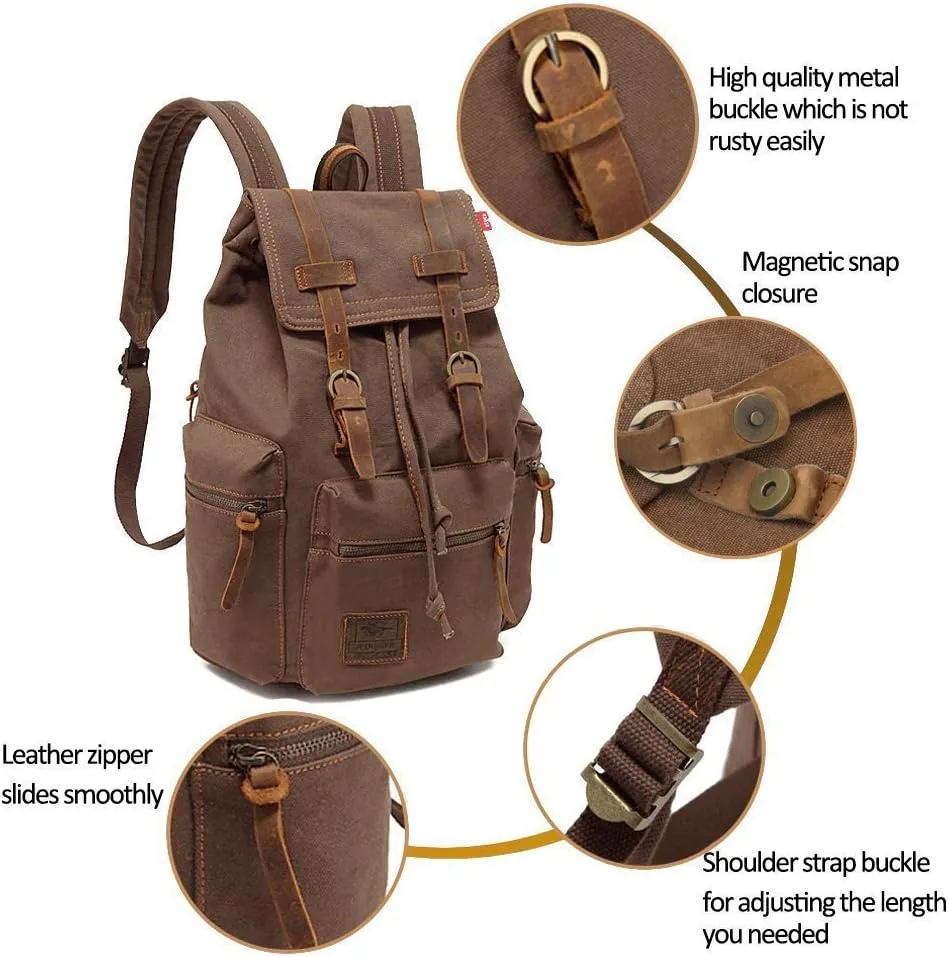 koolehaoda Vintage Canvas Backpack Rucksack Unisex Casual Backpack for 12-17" Laptop Backpack Travel Camping Hiking Bag (L-Coffee)
