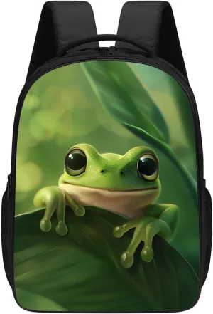 KOYI Frog Backpack Cute Green Frog on Leaves Backpack, Funny Animal Backpack for Kids, 16 Inch Kids Backpacks for Kindergarten, Elementary School Boys and Girls with Padded Straps, Green