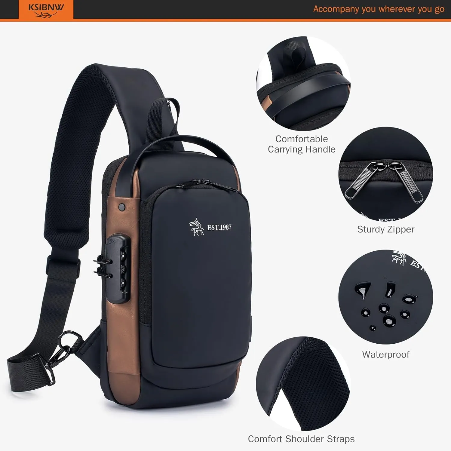KSIBNW Crossbody Bag for Men and Women Tiny Day Bag Waterproof Sling Bag for Sport Hiking Walking,Black