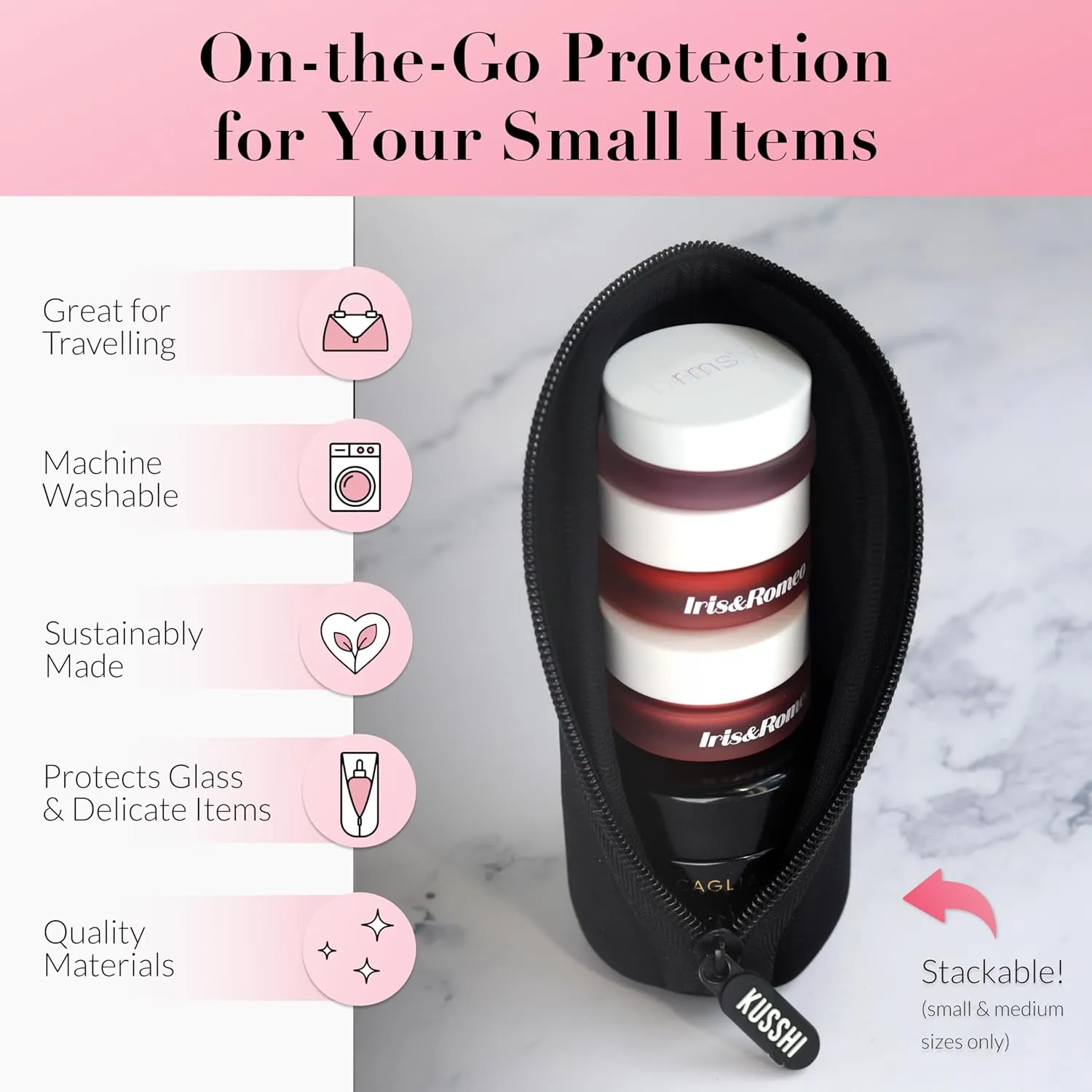 KUSSHI Neoprene Mini Makeup Pouch for Purse and Travel - Small Travel Pouch for Delicate Bottles and Beauty Items - For Foundations, Serums, Perfumes and More - Small Purse Pouch (Size L, Black)