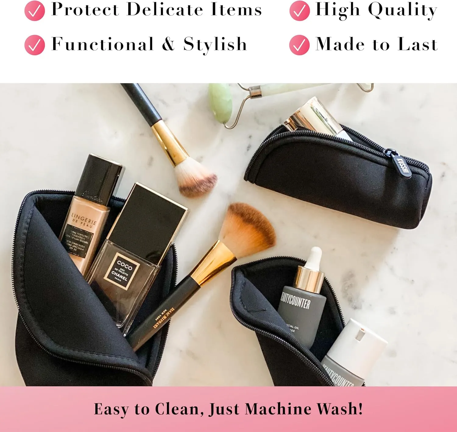 KUSSHI Neoprene Mini Makeup Pouch for Purse and Travel - Small Travel Pouch for Delicate Bottles and Beauty Items - For Foundations, Serums, Perfumes and More - Small Purse Pouch (Size L, Black)