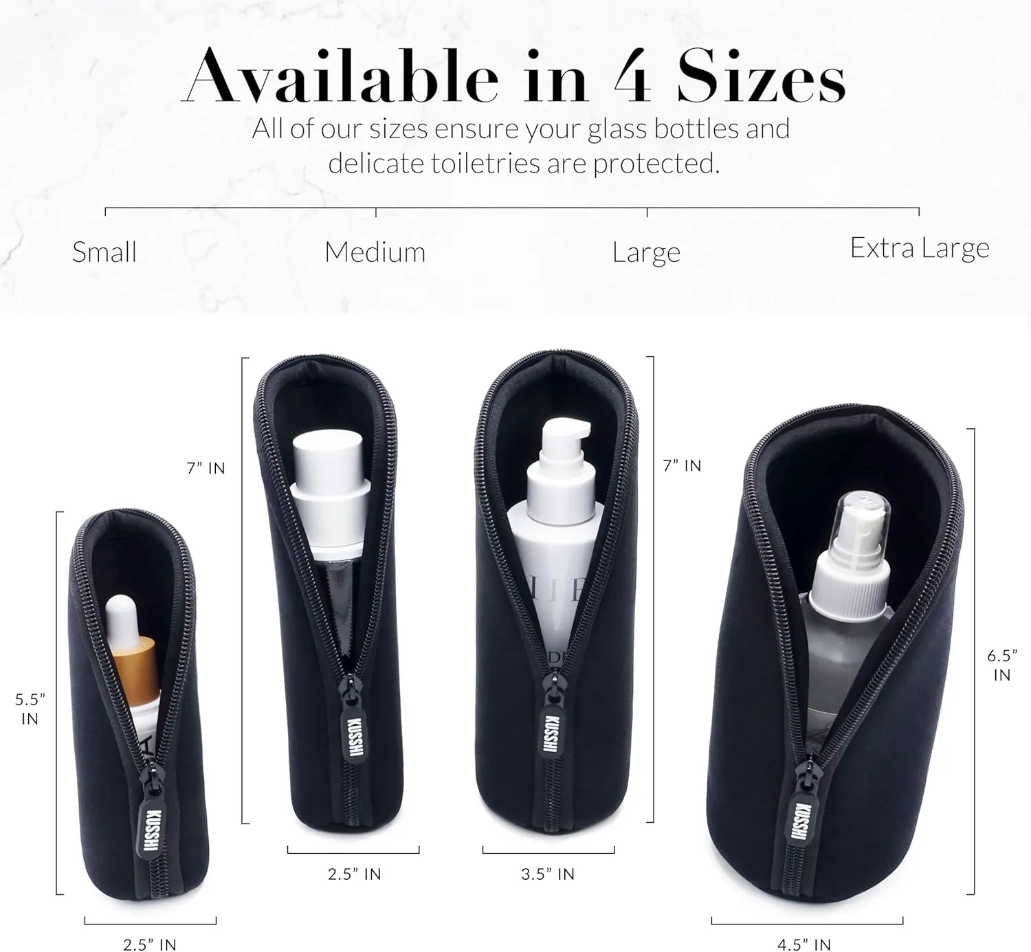 KUSSHI Neoprene Mini Makeup Pouch for Purse and Travel - Small Travel Pouch for Delicate Bottles and Beauty Items - For Foundations, Serums, Perfumes and More - Small Purse Pouch (Size L, Black)