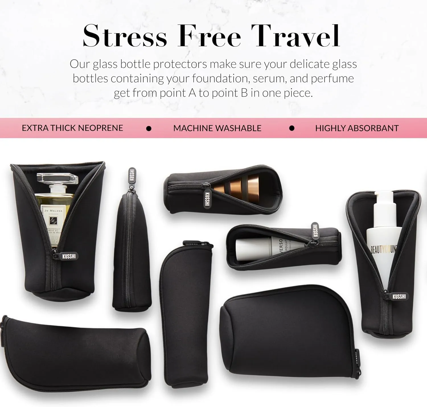KUSSHI Neoprene Mini Makeup Pouch for Purse and Travel - Small Travel Pouch for Delicate Bottles and Beauty Items - For Foundations, Serums, Perfumes and More - Small Purse Pouch (Size L, Black)