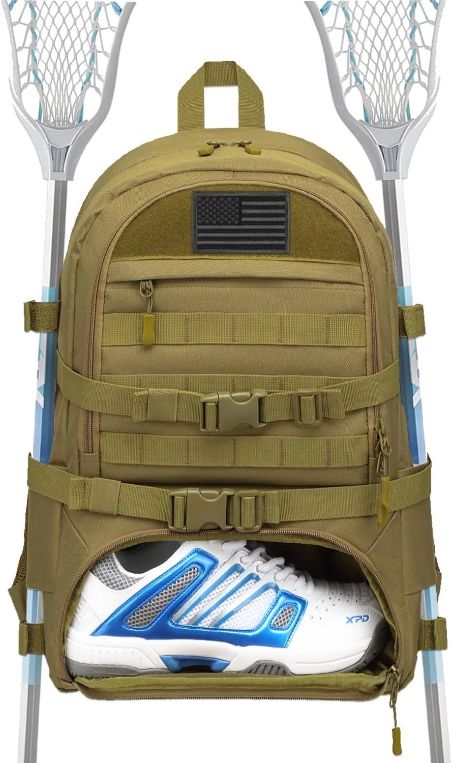 Lacrosse Bag Large Tactical Lacrosse Equipment Backpack with External Buckle Straps to Fix Helmet & Separate Shoe Compartment Holds All Field Hockey Gears
