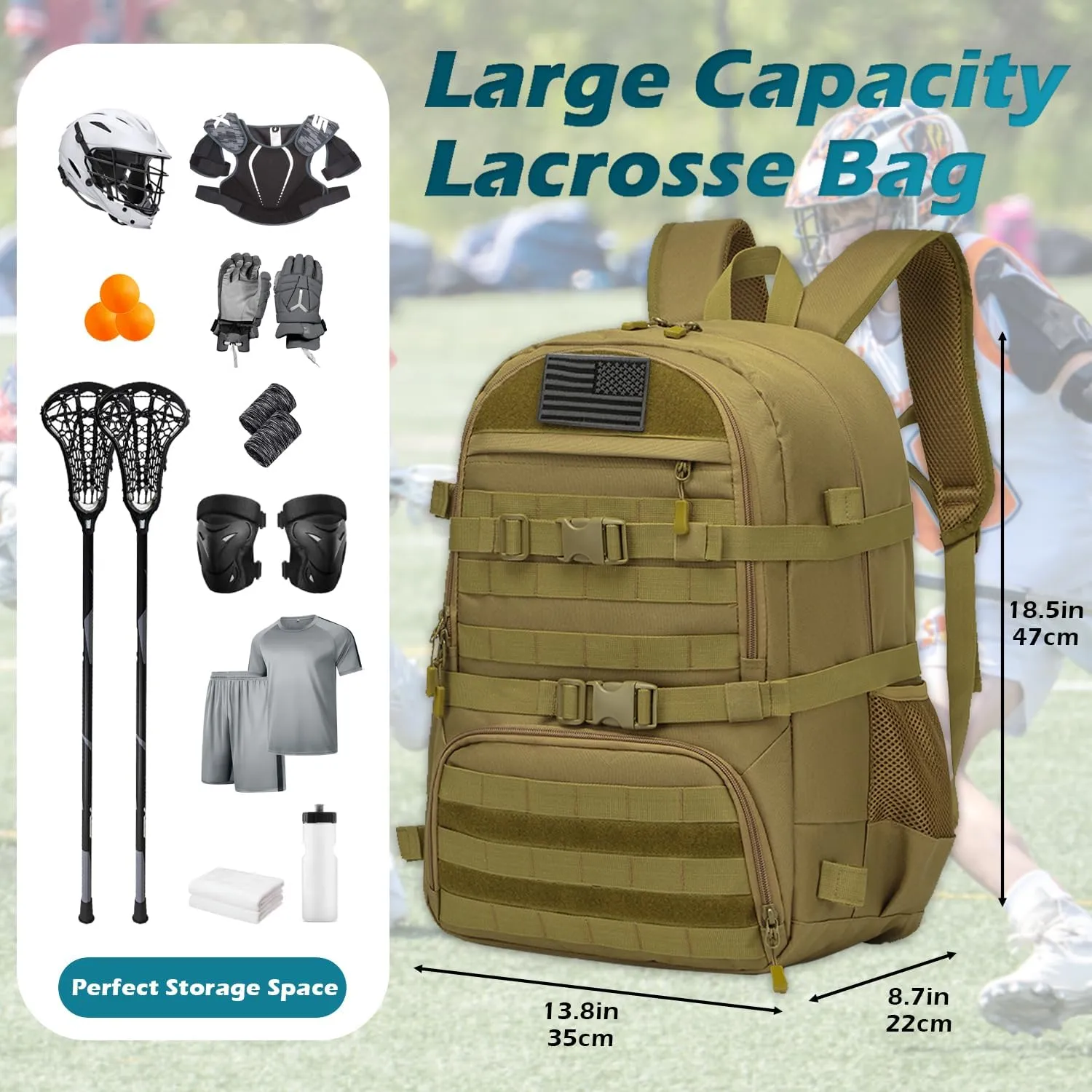 Lacrosse Bag Large Tactical Lacrosse Equipment Backpack with External Buckle Straps to Fix Helmet & Separate Shoe Compartment Holds All Field Hockey Gears