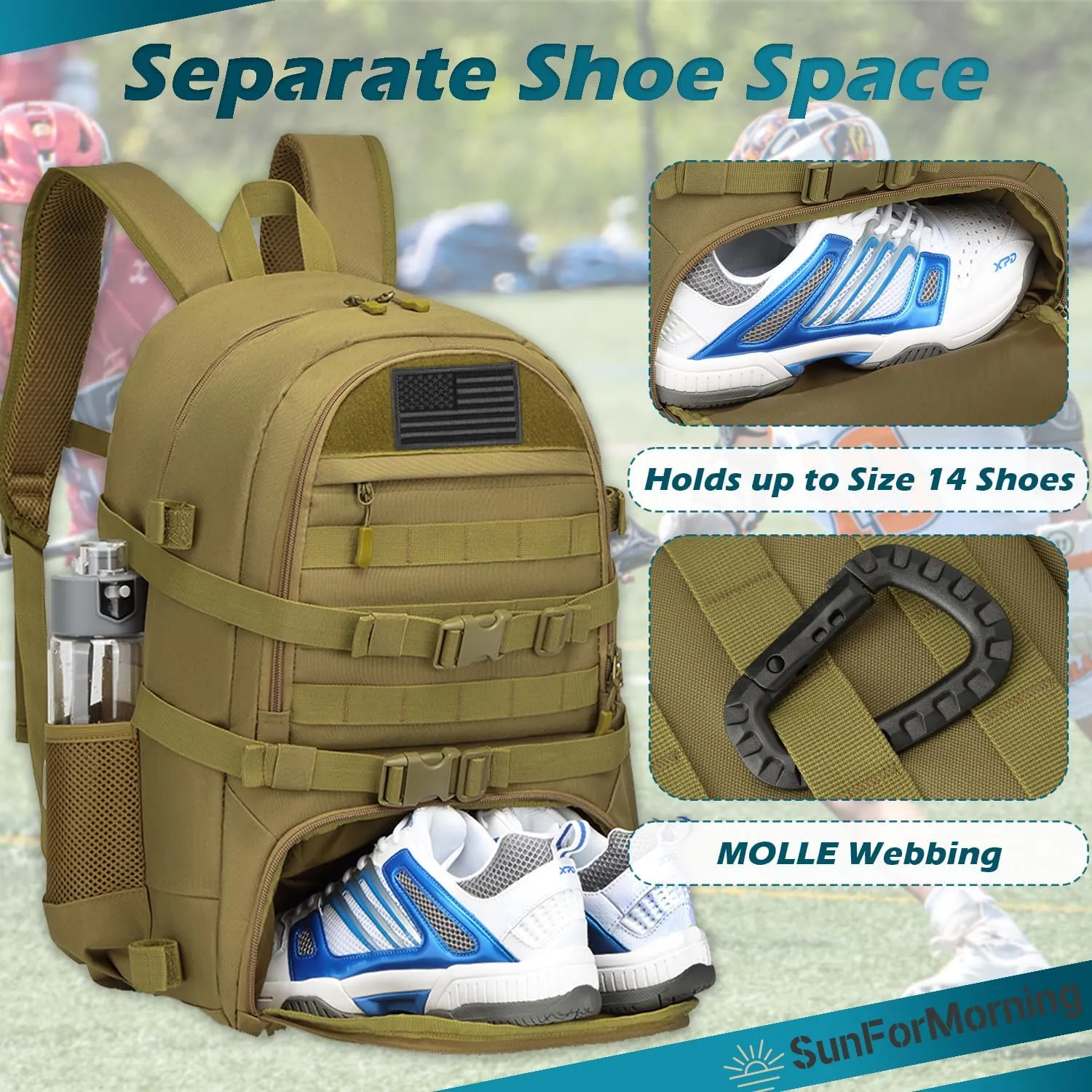 Lacrosse Bag Large Tactical Lacrosse Equipment Backpack with External Buckle Straps to Fix Helmet & Separate Shoe Compartment Holds All Field Hockey Gears