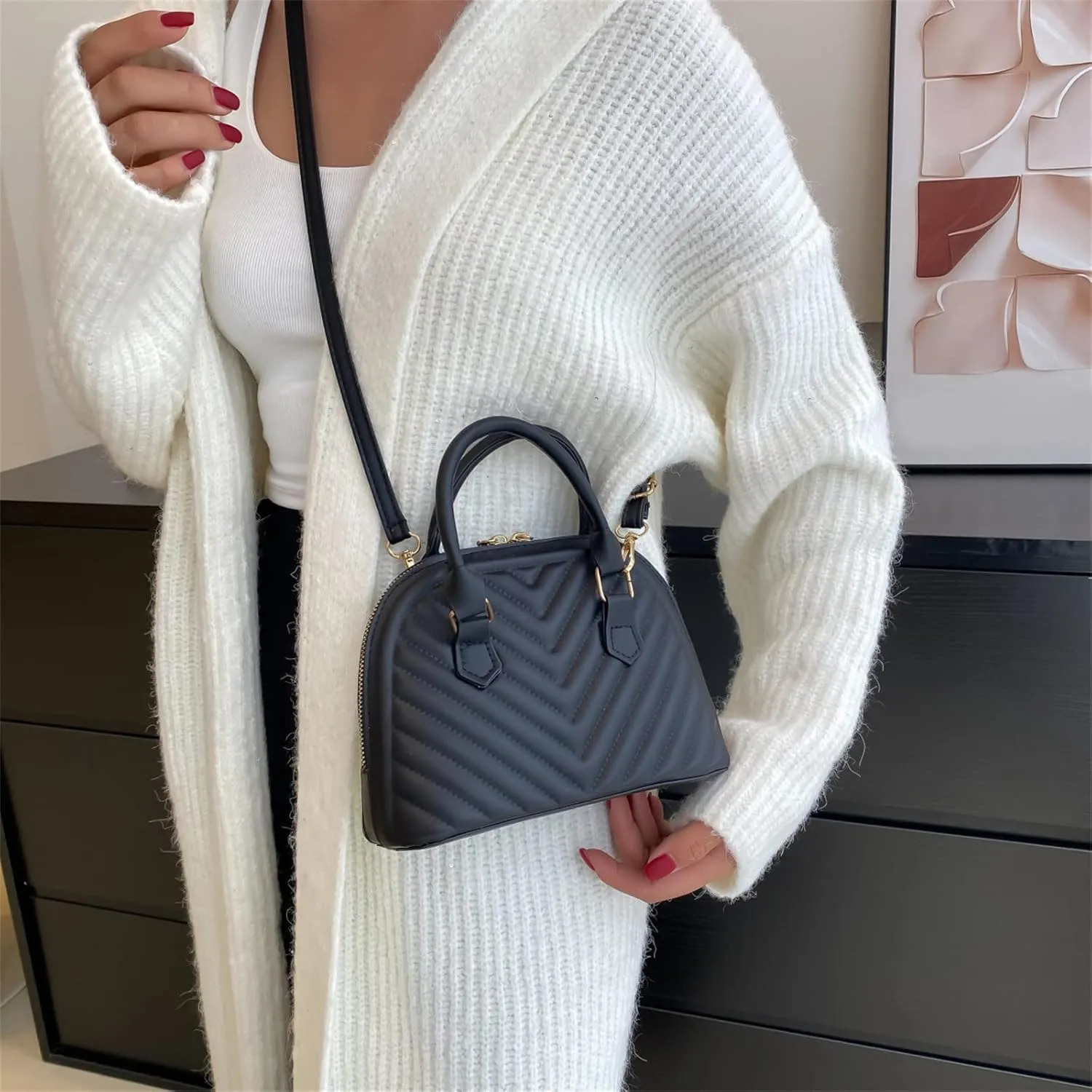 Ladies Fashion Solid Color Leather Versatile Handbag Double Zipper Messenger Bag Canvas Messenger (Black, One Size)