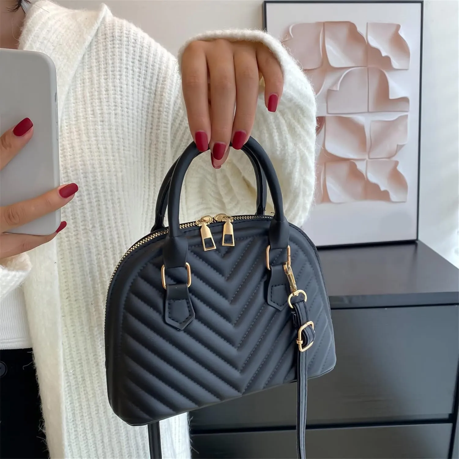 Ladies Fashion Solid Color Leather Versatile Handbag Double Zipper Messenger Bag Canvas Messenger (Black, One Size)