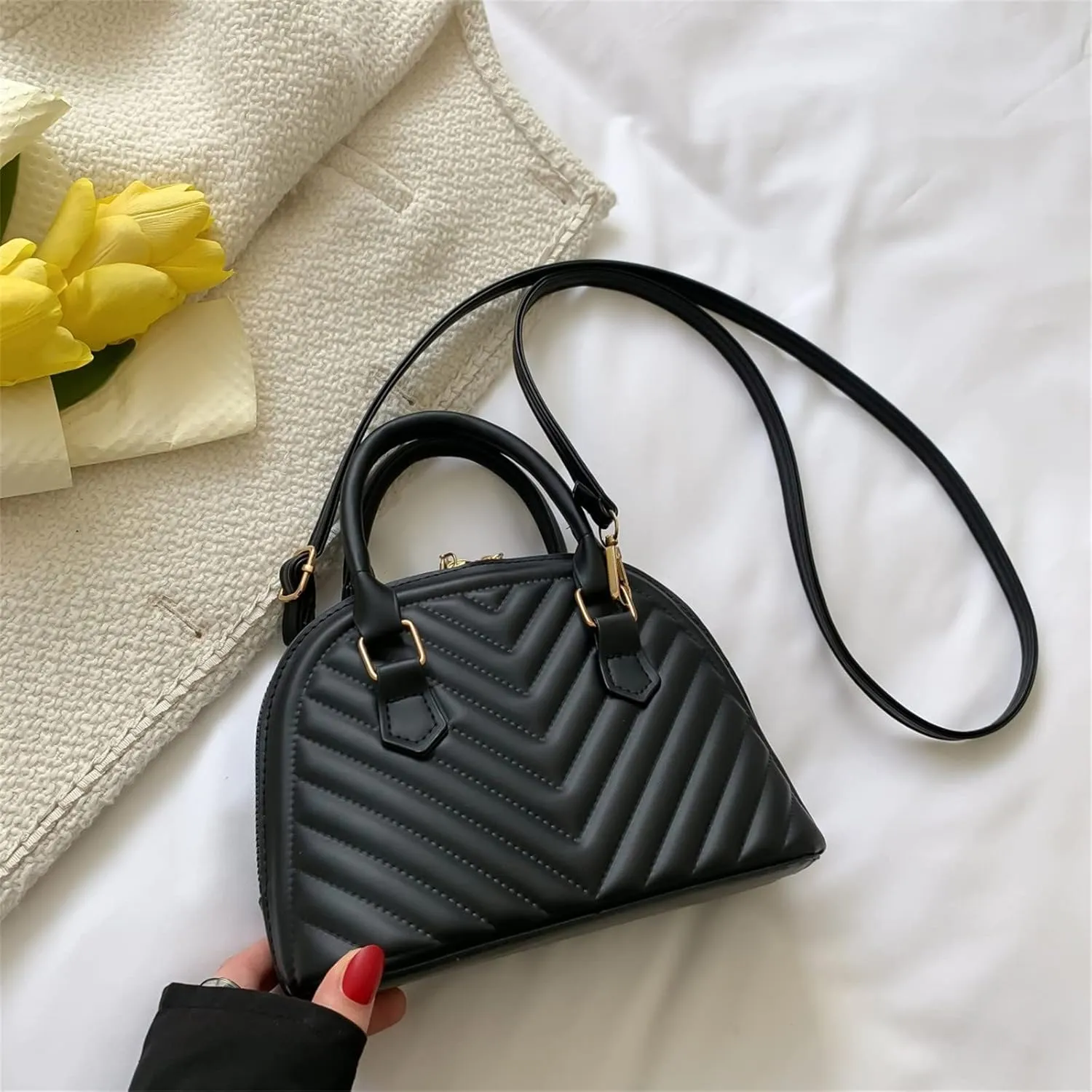 Ladies Fashion Solid Color Leather Versatile Handbag Double Zipper Messenger Bag Canvas Messenger (Black, One Size)