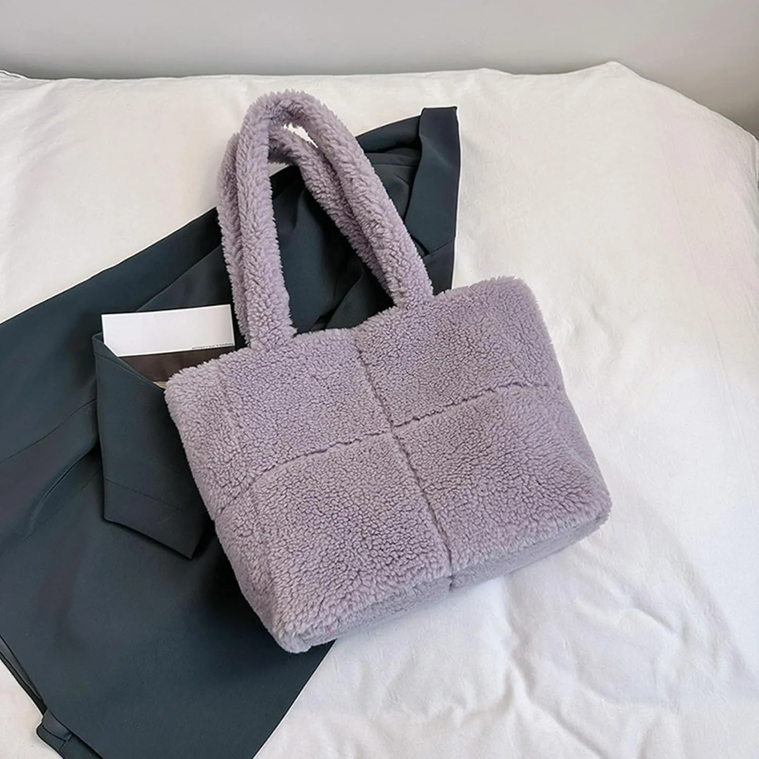Lamb Wool Handbag for Women Soft Plush Shoulder Bag Fluffy Tote Bag Furry Top Handle Bag Cute Fuzzy Hobo Bag
