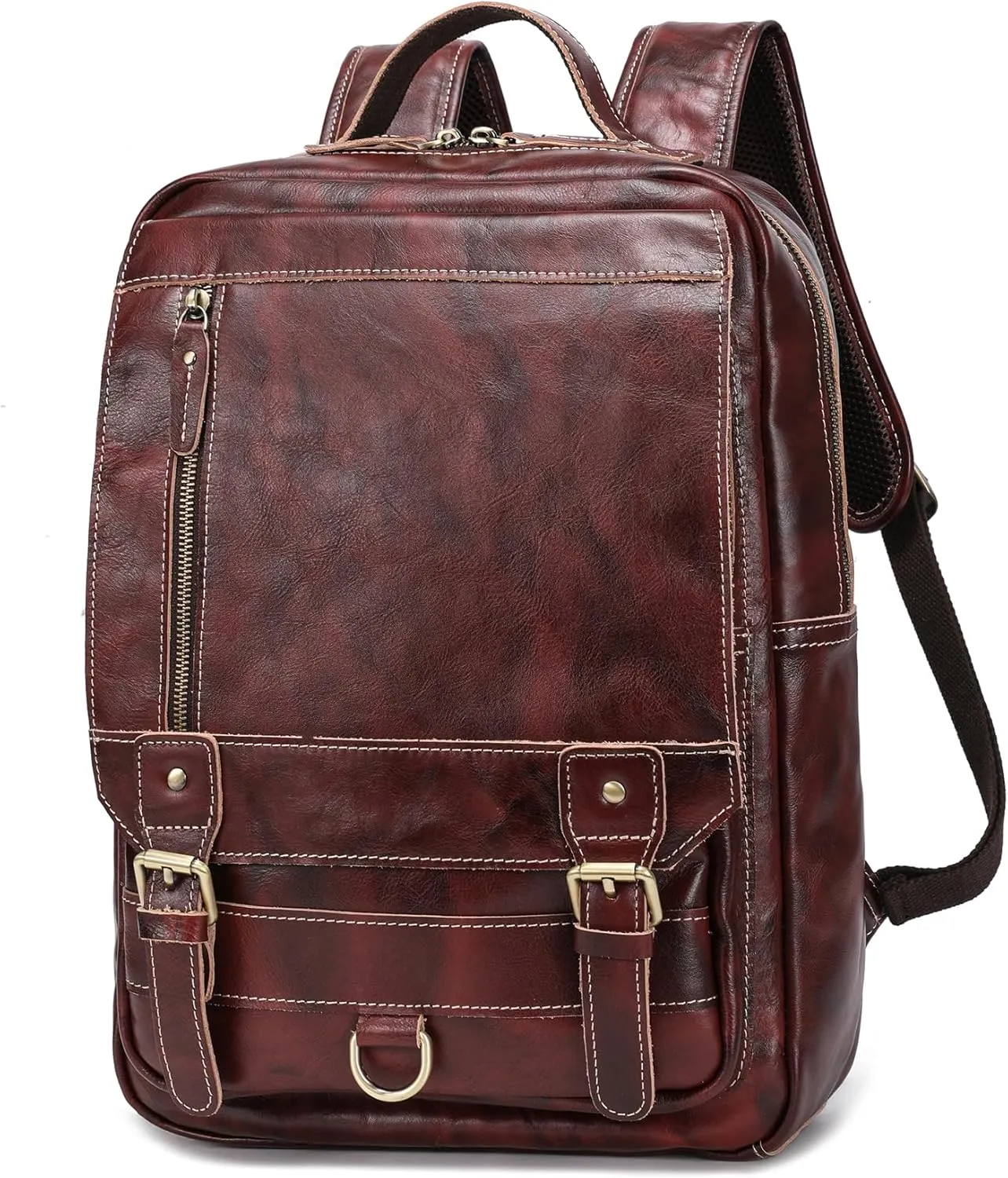 LANNSYNE Vintage Genuine Leather Backpack For Men Fits up to 15" Laptop Travel Hiking Rucksack COFFEE