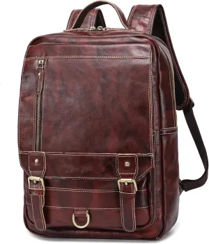 LANNSYNE Vintage Genuine Leather Backpack For Men Fits up to 15" Laptop Travel Hiking Rucksack COFFEE