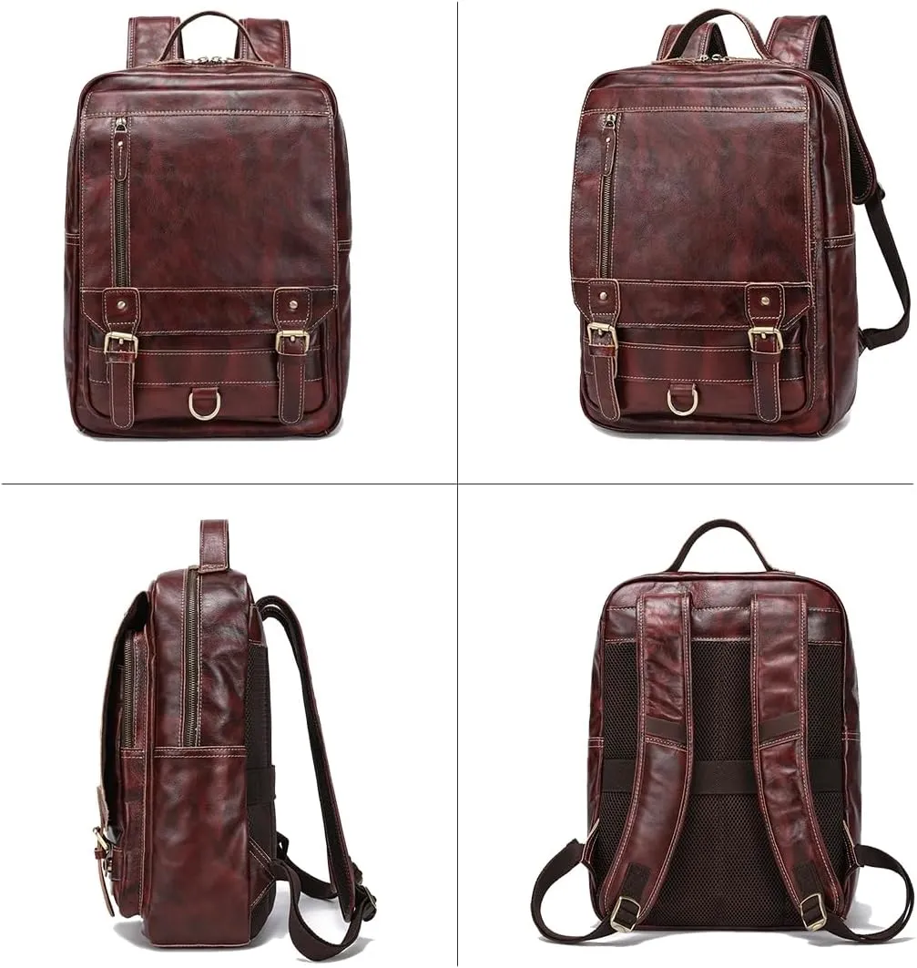 LANNSYNE Vintage Genuine Leather Backpack For Men Fits up to 15" Laptop Travel Hiking Rucksack COFFEE