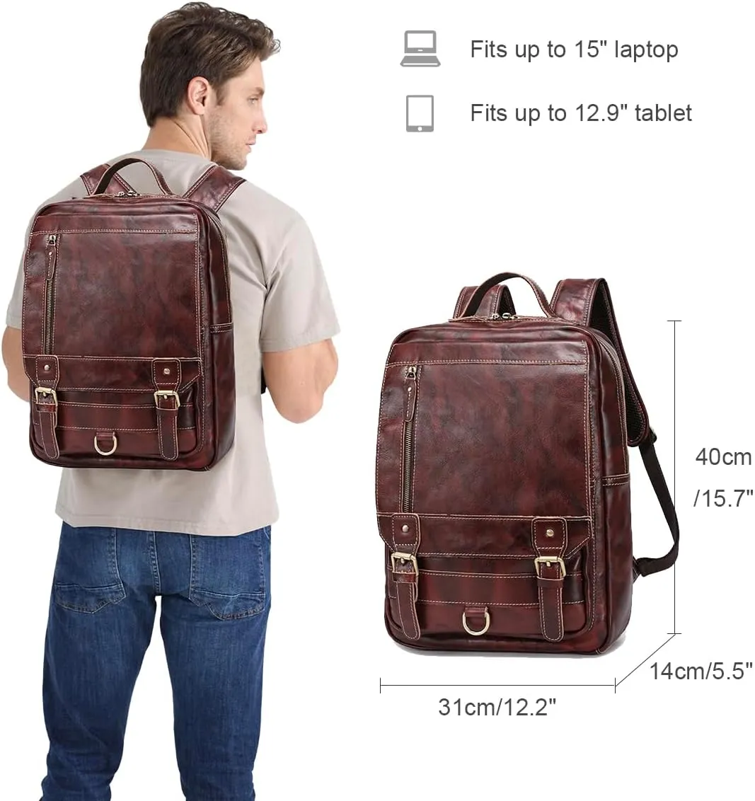 LANNSYNE Vintage Genuine Leather Backpack For Men Fits up to 15" Laptop Travel Hiking Rucksack COFFEE