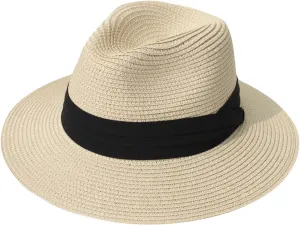 Lanzom Women Wide Brim Straw Panama Roll up Hat Fedora Beach Sun Hat UPF50 