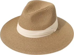Lanzom Women Wide Brim Straw Panama Roll up Hat Fedora Beach Sun Hat UPF50 