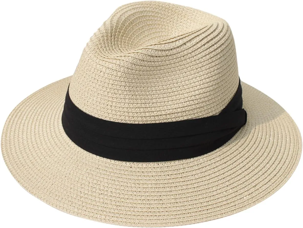 Lanzom Women Wide Brim Straw Panama Roll up Hat Fedora Beach Sun Hat UPF50 