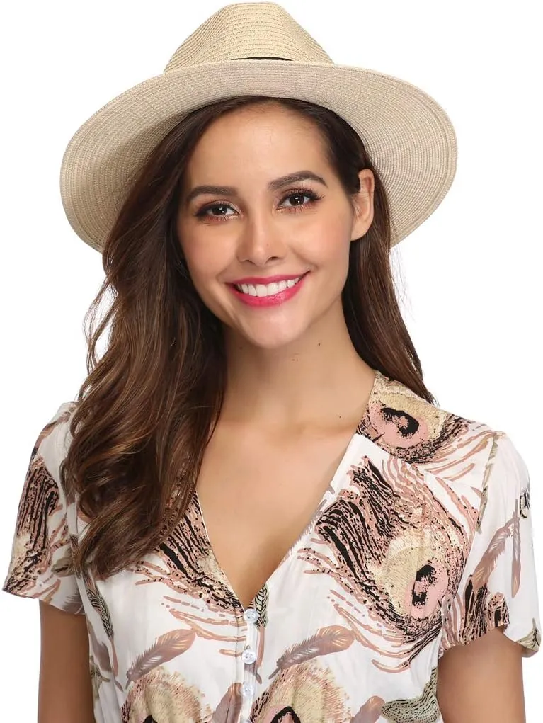 Lanzom Women Wide Brim Straw Panama Roll up Hat Fedora Beach Sun Hat UPF50 