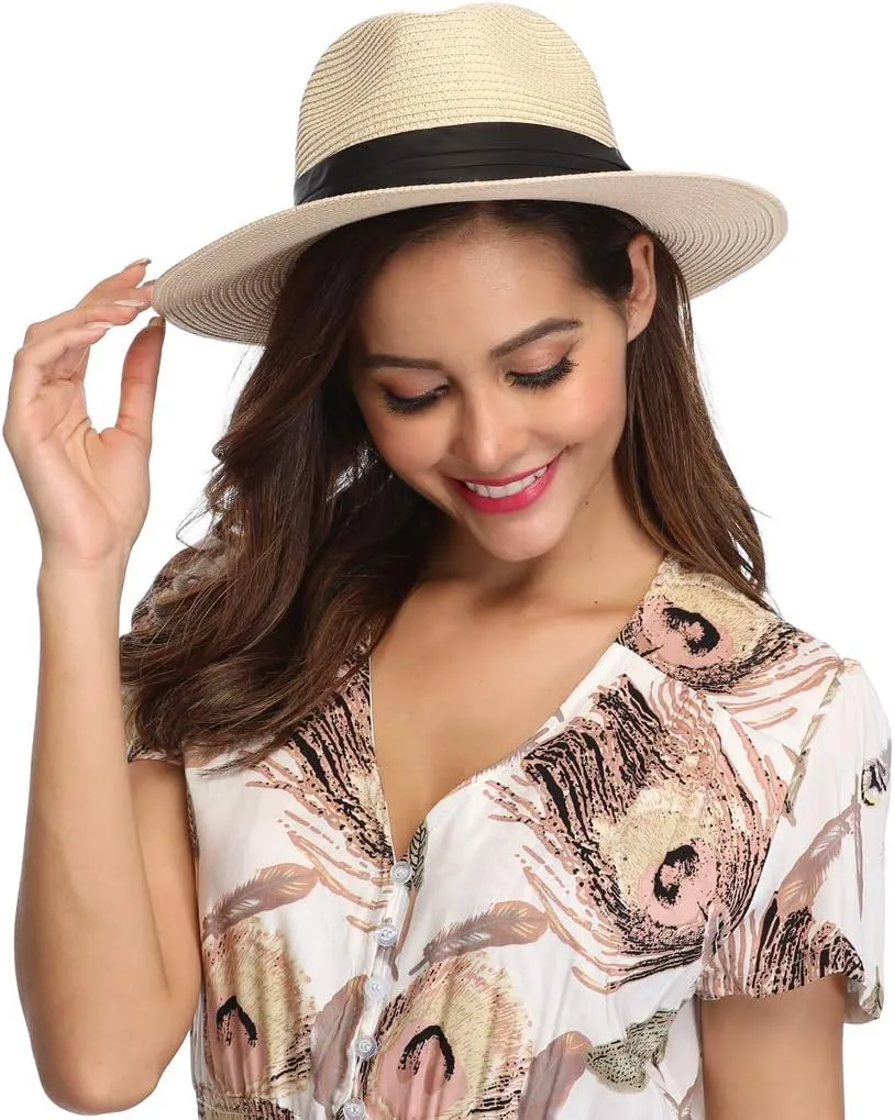 Lanzom Women Wide Brim Straw Panama Roll up Hat Fedora Beach Sun Hat UPF50 