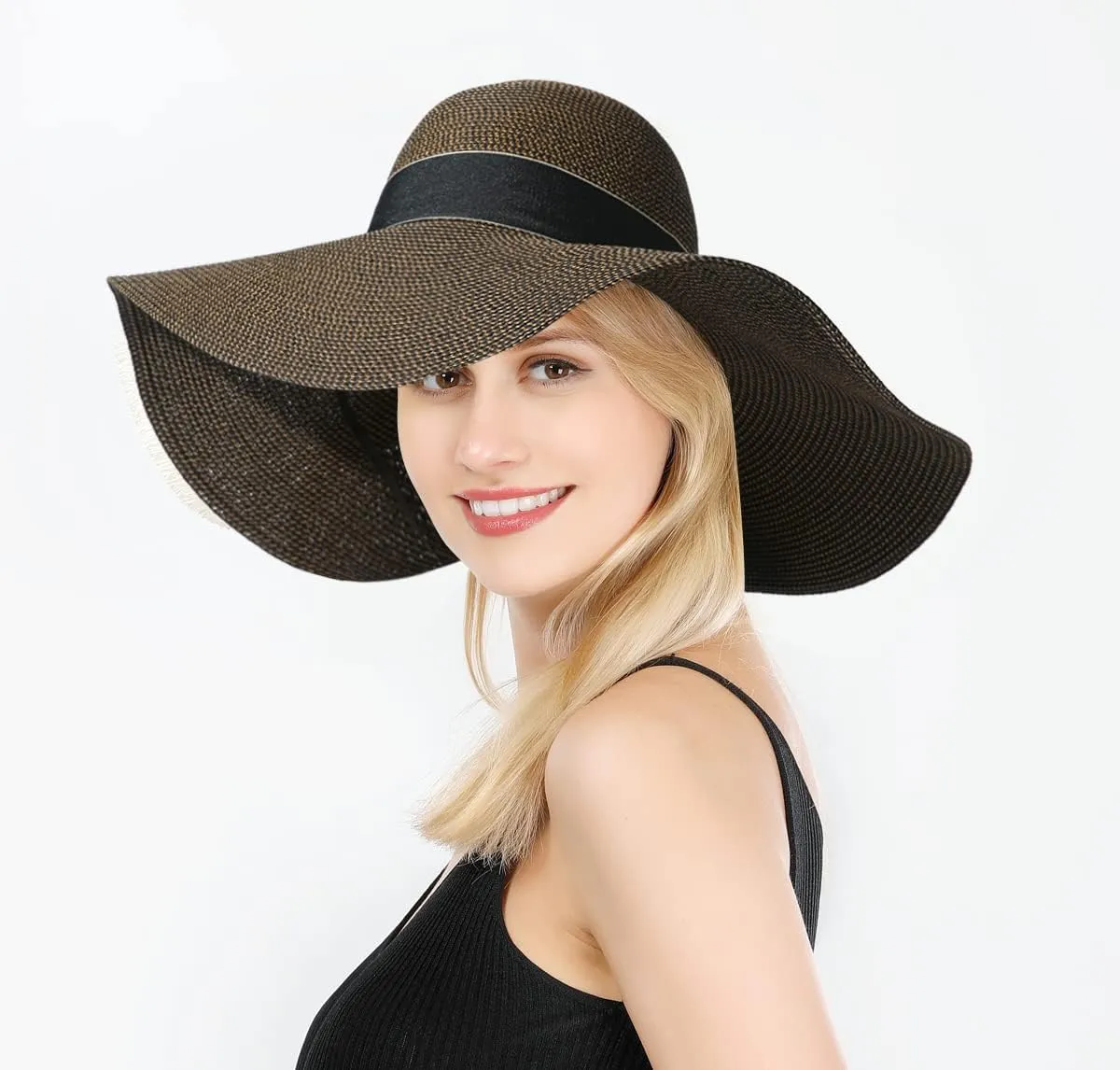 Lanzom Womens Wide Brim Straw Hat Big Floppy Foldable Roll up Cap Beach Sun Hat UPF 50 