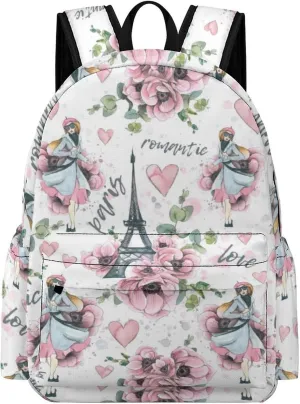 Laptop Backpack for Men Women Eiffel Tower Floral Travel Work Backpack with Compartment Large Capacity Paris Love Daypack Business Work Bag