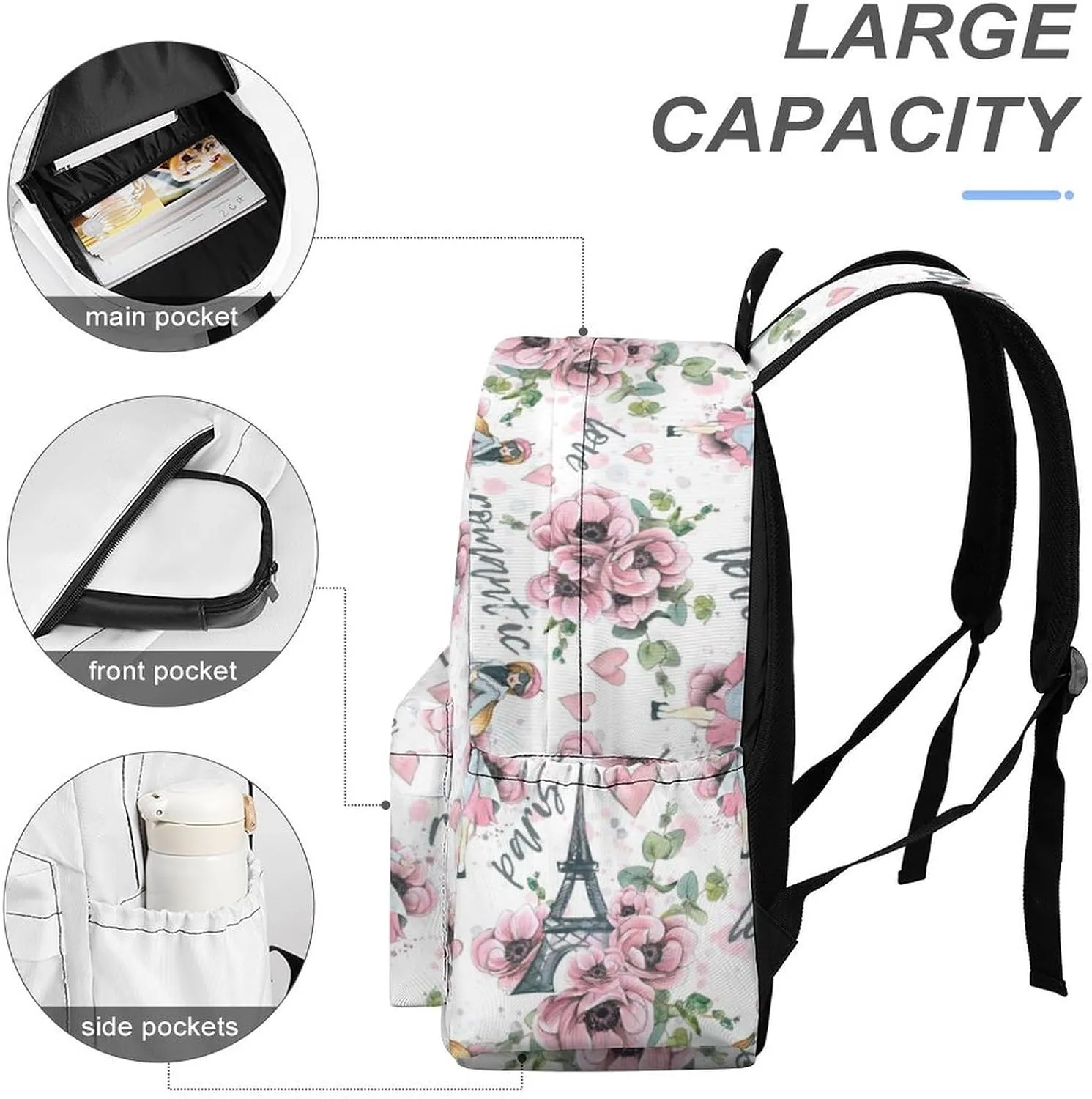 Laptop Backpack for Men Women Eiffel Tower Floral Travel Work Backpack with Compartment Large Capacity Paris Love Daypack Business Work Bag