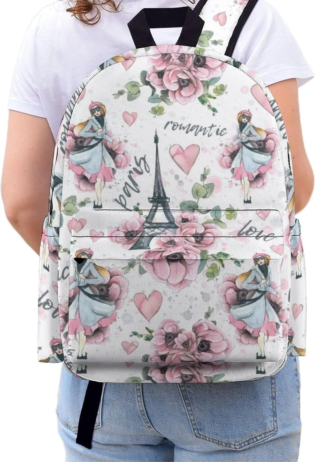 Laptop Backpack for Men Women Eiffel Tower Floral Travel Work Backpack with Compartment Large Capacity Paris Love Daypack Business Work Bag