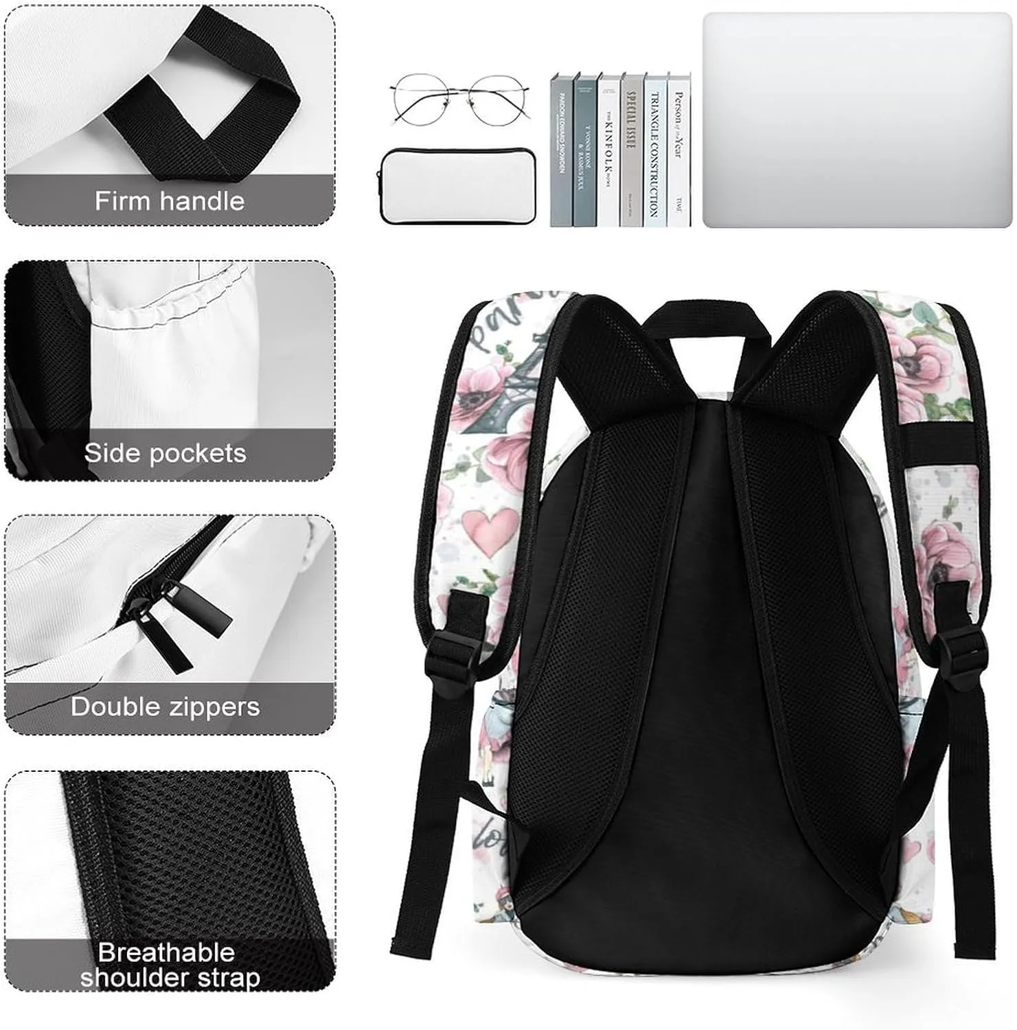 Laptop Backpack for Men Women Eiffel Tower Floral Travel Work Backpack with Compartment Large Capacity Paris Love Daypack Business Work Bag