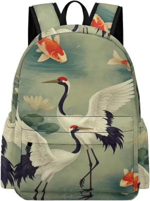 Laptop Backpack for Men Women Japanese Cranes Fish Travel Work Backpack with Compartment Large Capacity Koi Dragonflies Daypack Business Work Bag