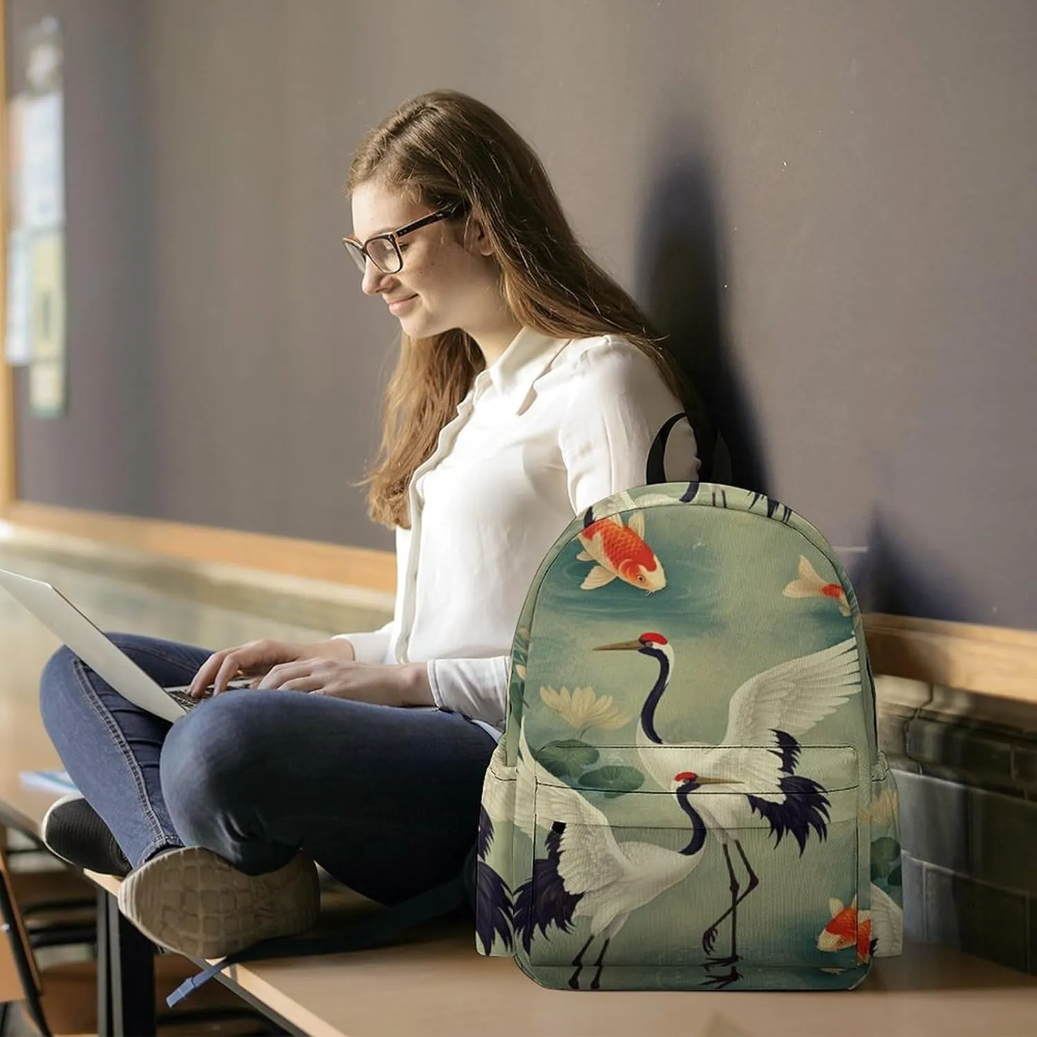 Laptop Backpack for Men Women Japanese Cranes Fish Travel Work Backpack with Compartment Large Capacity Koi Dragonflies Daypack Business Work Bag