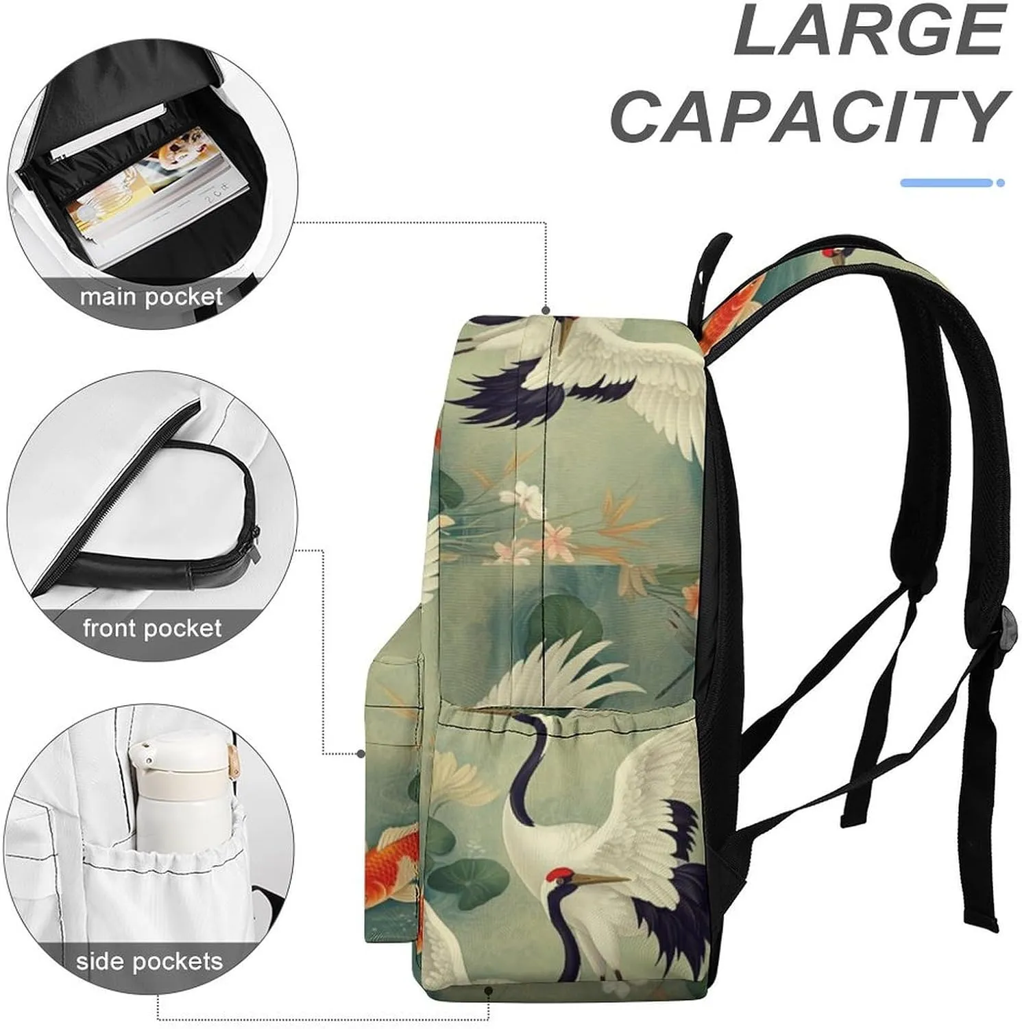 Laptop Backpack for Men Women Japanese Cranes Fish Travel Work Backpack with Compartment Large Capacity Koi Dragonflies Daypack Business Work Bag