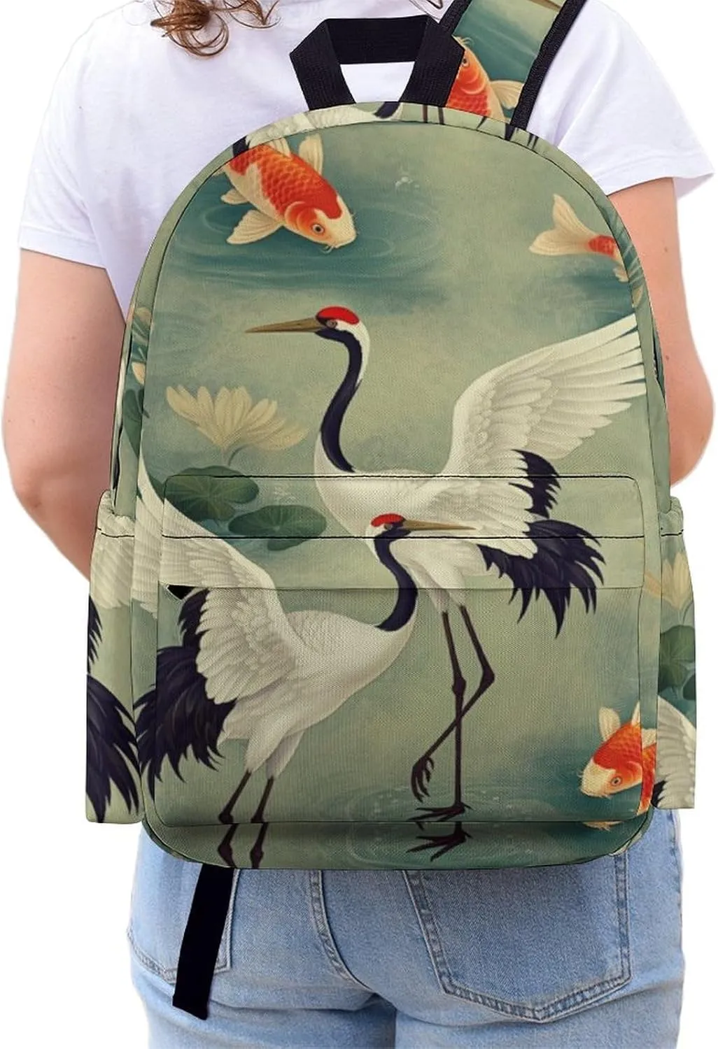 Laptop Backpack for Men Women Japanese Cranes Fish Travel Work Backpack with Compartment Large Capacity Koi Dragonflies Daypack Business Work Bag