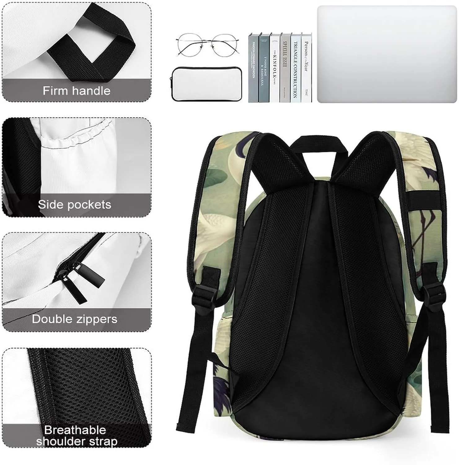 Laptop Backpack for Men Women Japanese Cranes Fish Travel Work Backpack with Compartment Large Capacity Koi Dragonflies Daypack Business Work Bag