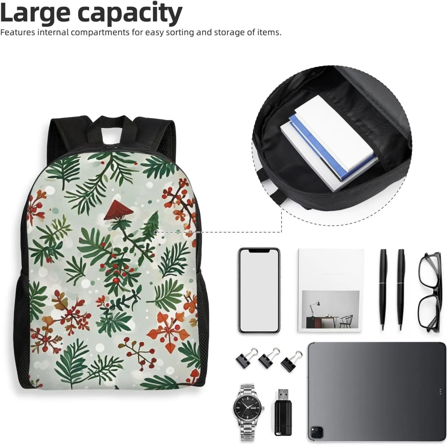 Laptop Backpack for Women Men Carry-on Backpack Christmas Botanical Daypack Lightweight Travel Shoulder Bags