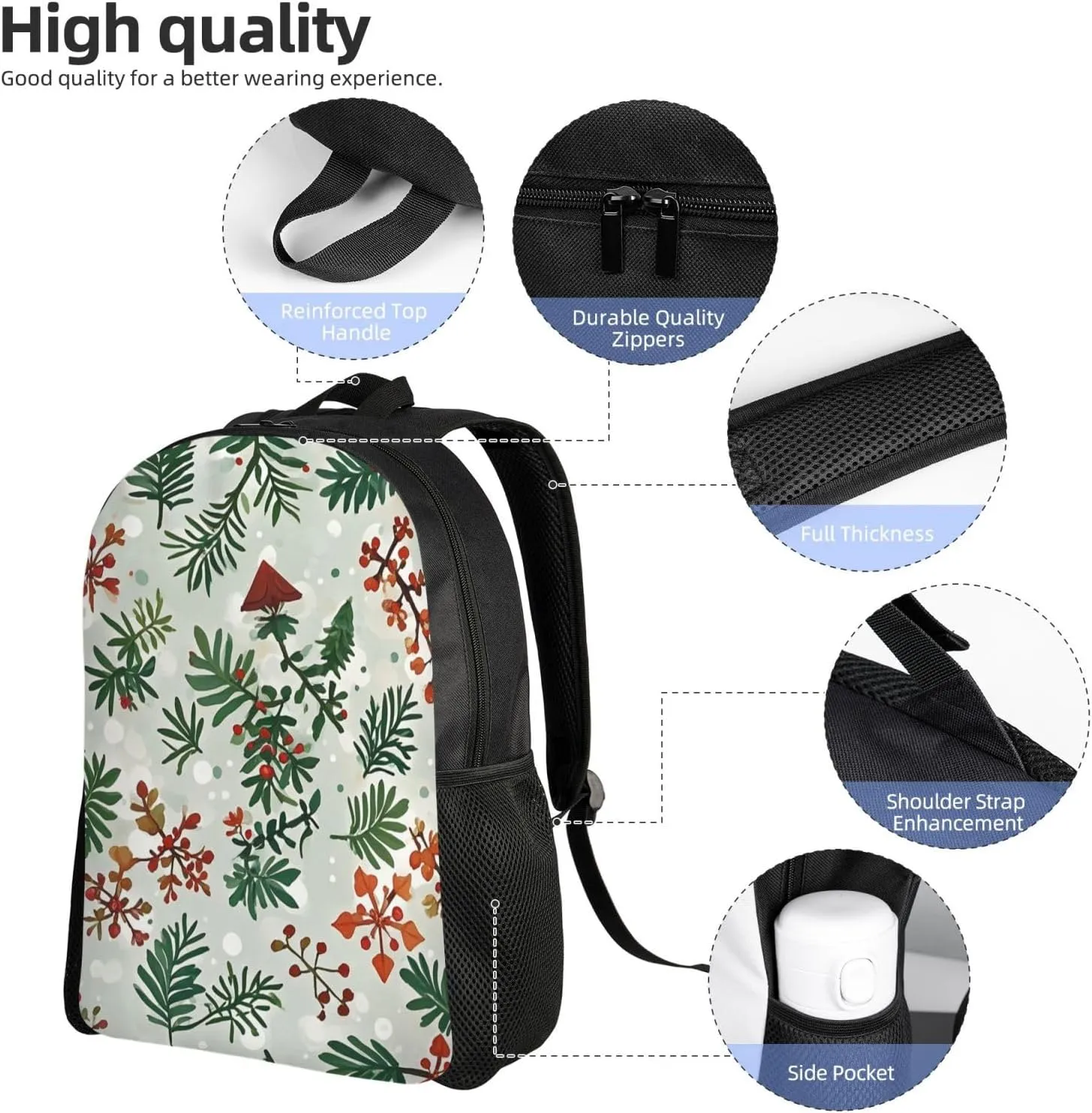Laptop Backpack for Women Men Carry-on Backpack Christmas Botanical Daypack Lightweight Travel Shoulder Bags