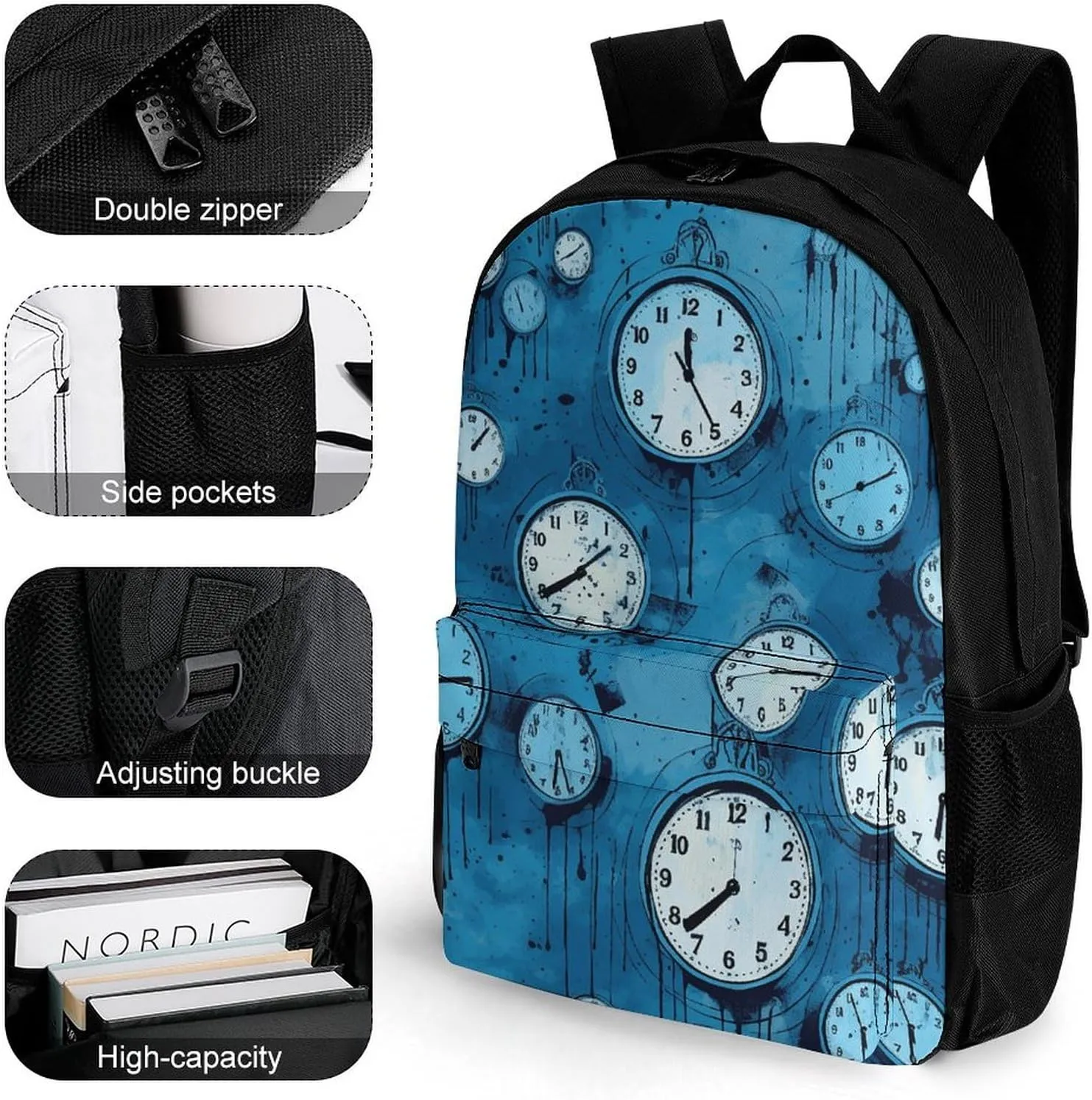 Laptop Backpack for Women Men Daypack Blue Clock Photo Backpacks Computer Bag Travel Laptop Bag Casual Work Bag