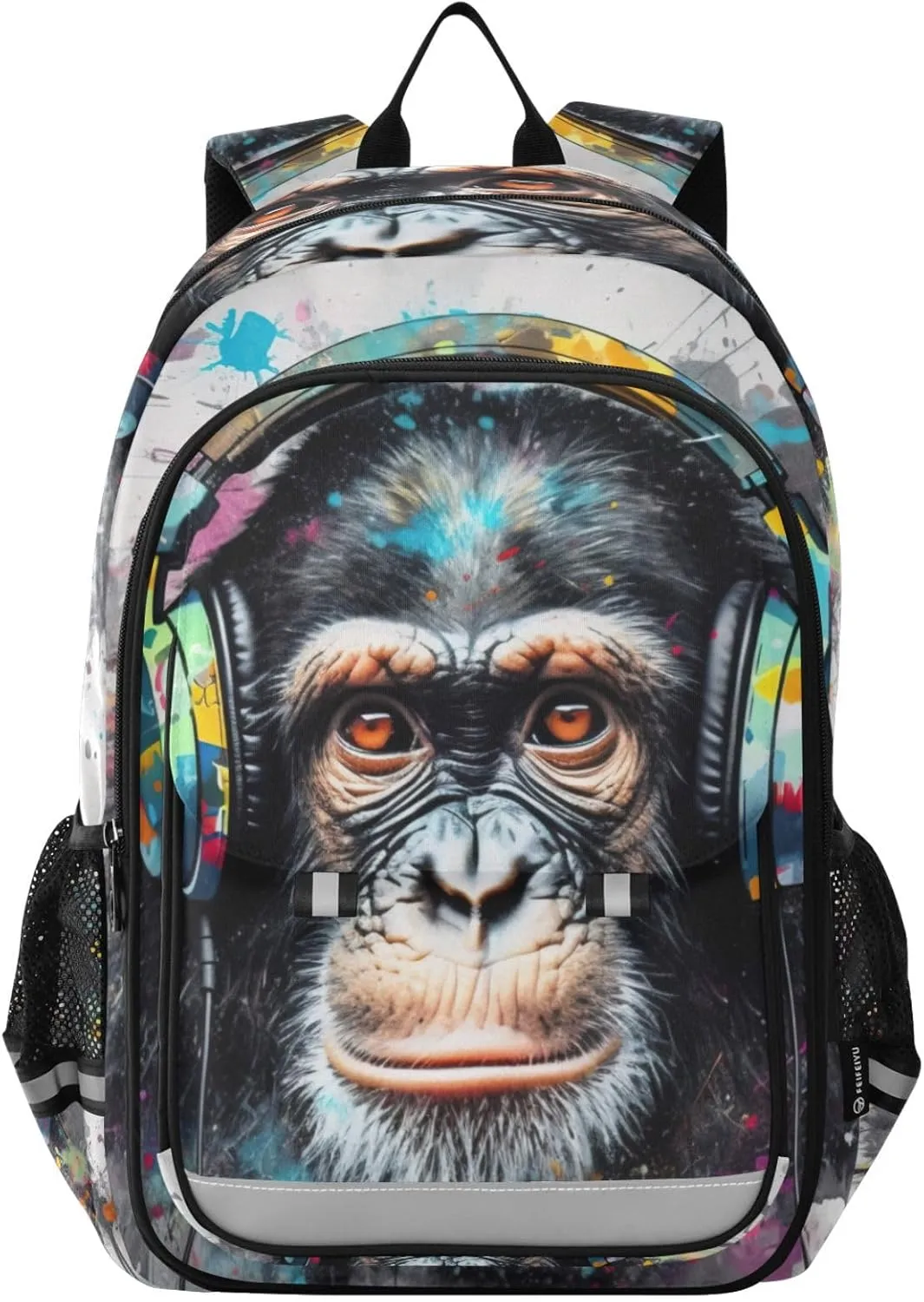 Large Backpack Monkey Headphones Colors for Men Women Travel Laptop Daypack Book Bag Shoulder Bag Cute Cool Funny Backpack with Reflective Strip 12.9 ×17.7 In