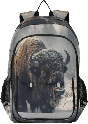 Large Backpack Snowy Bison Forest for Men Women Travel Laptop Daypack Book Bag Shoulder Bag Cute Cool Funny Backpack with Reflective Strip 12.9 ×17.7 In