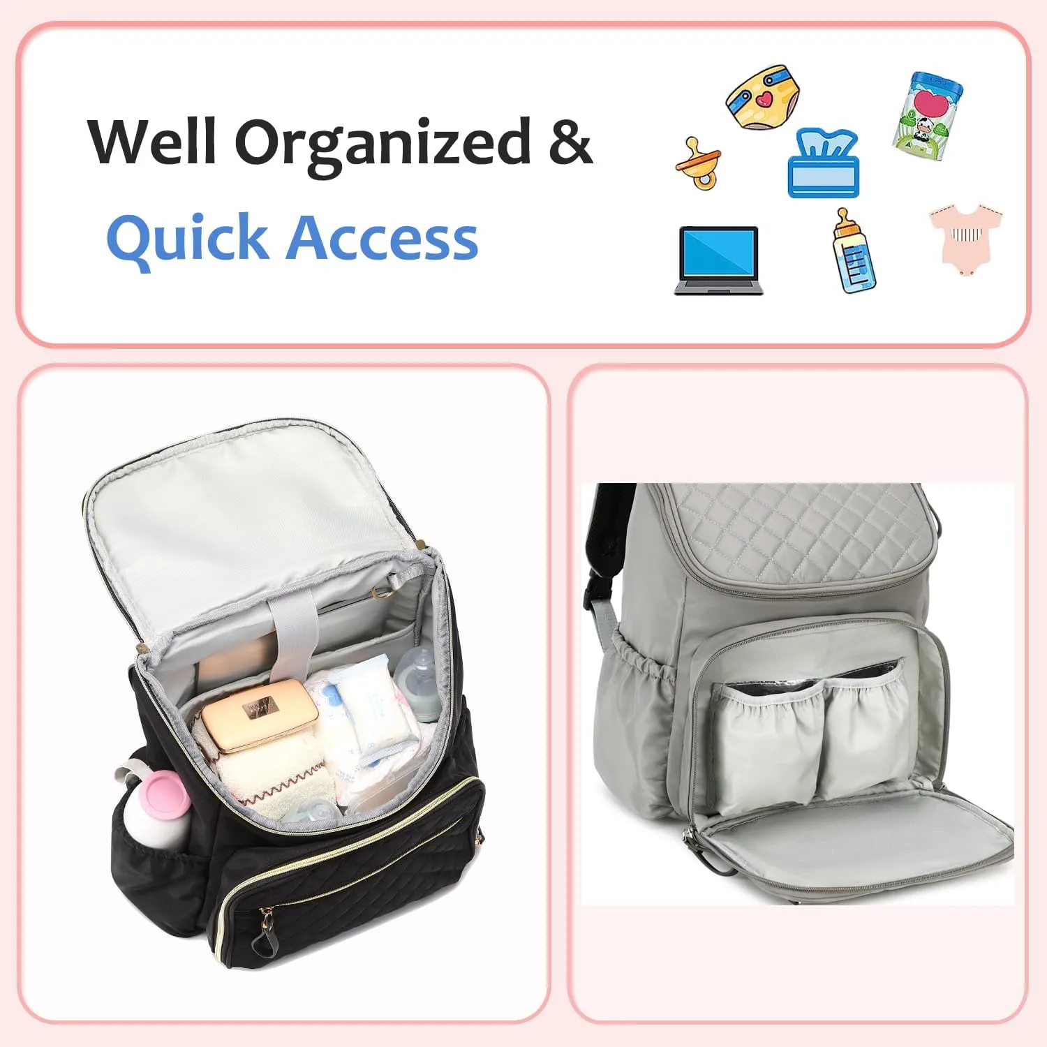 Large Capacity Diaper Bag with Stroller Buckle, Water-Resistant Travel Backpack with Insulated Pockets (Nylon, Grey)